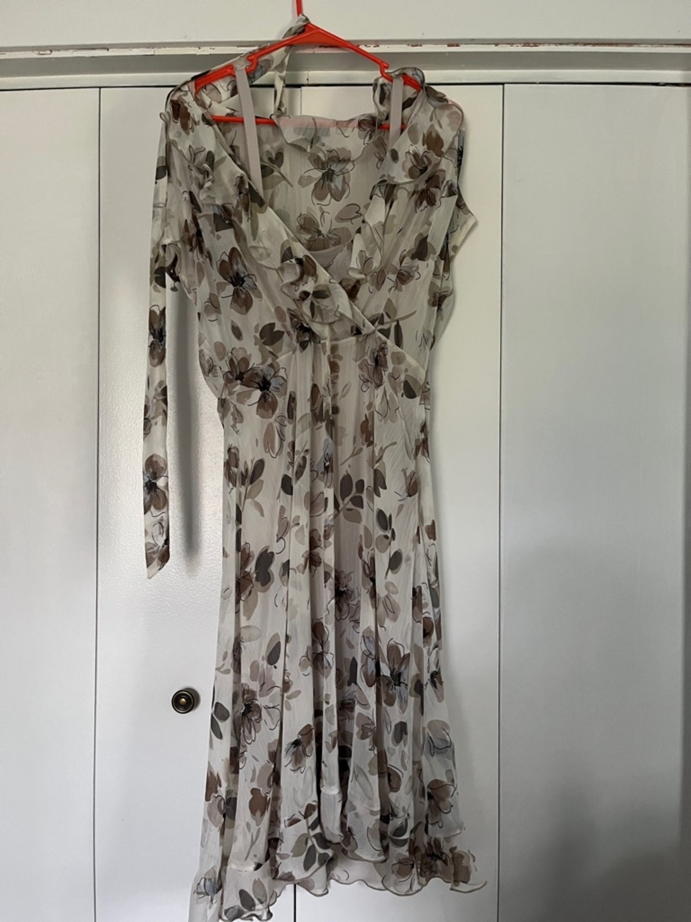 J.B.S. Sheer Floral Long-Sleeve Wrap Dress in Beige and Brown